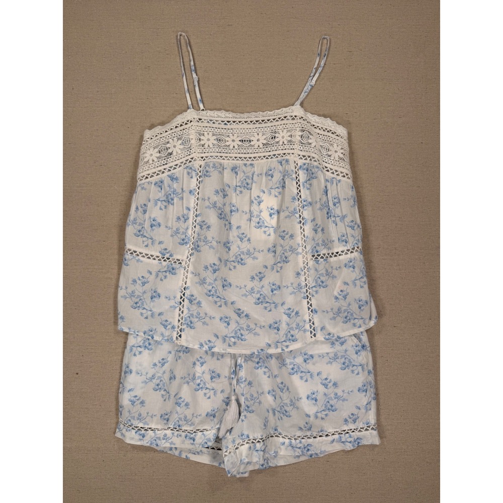 Caroline Constas Women Blue White Floral Cotton Pajama Set Cami Shorts Small NWT